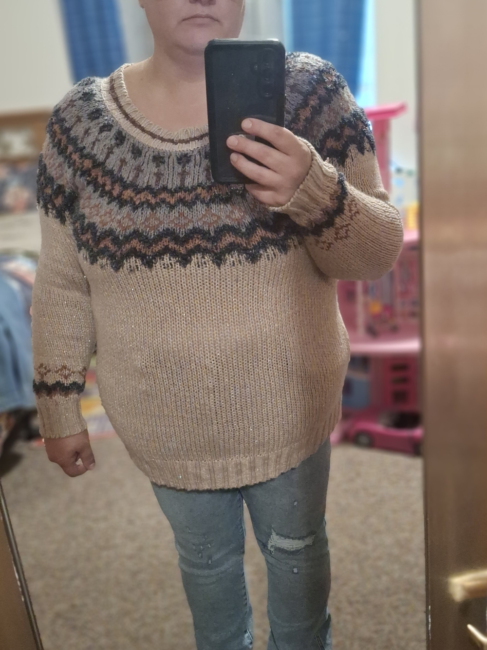 Maurices Beige Crewneck Sweater with Multi-Color Fair Isle Yoke